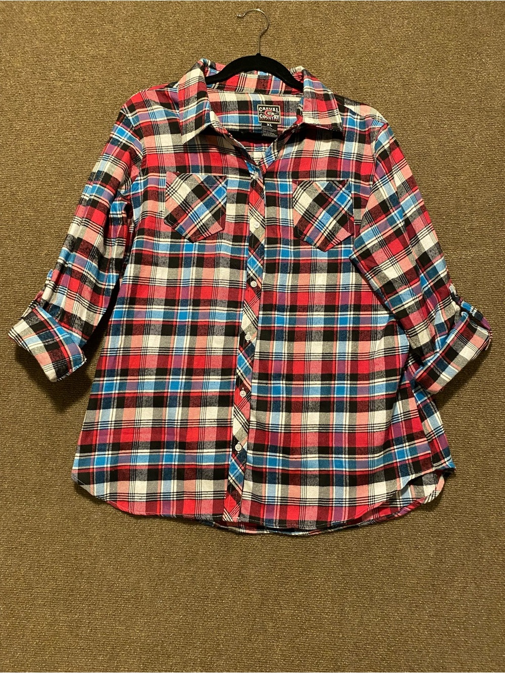 Country Casual Plaid Button-Down Roll Tab Sleeve Red Blue XL
